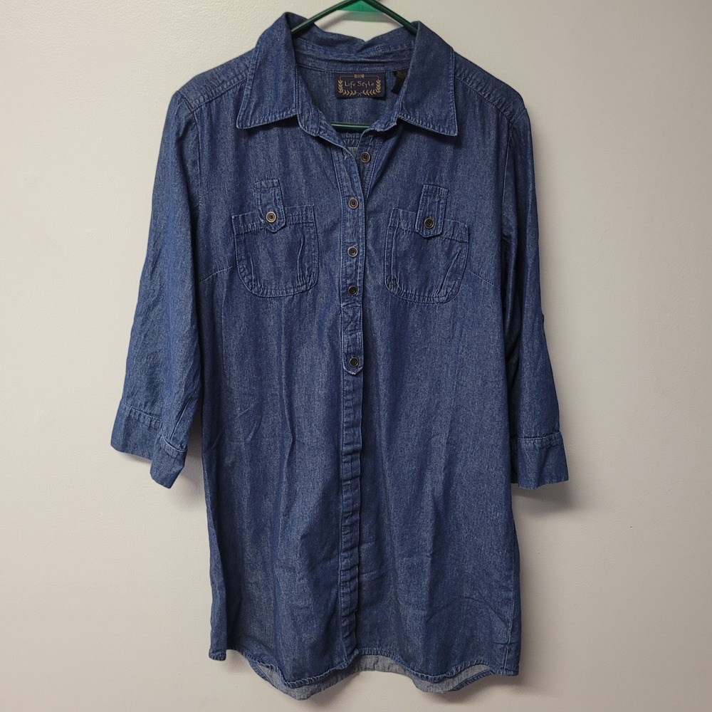 Life Style Denim Dress Women XL 3/4 Sleeve Button Front Chest Pockets No Belt‎